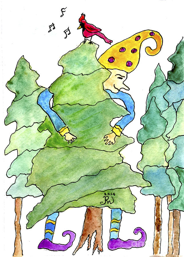 Elf Carrying Christmas Tree Home Painting by Paula Joy Welter