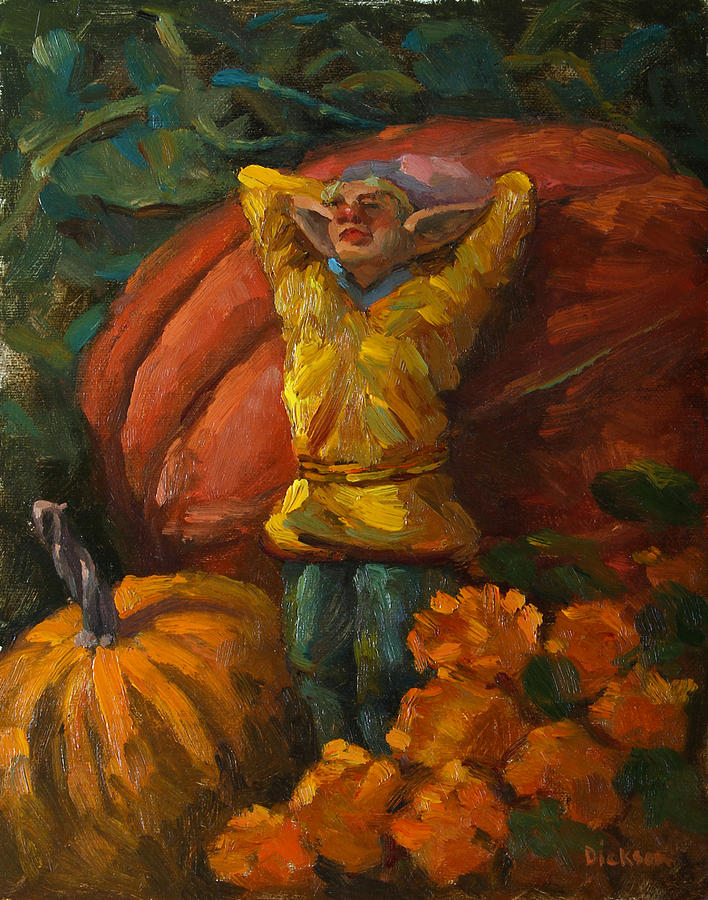 Elf in the pumpkin patch Painting by Jeff Dickson