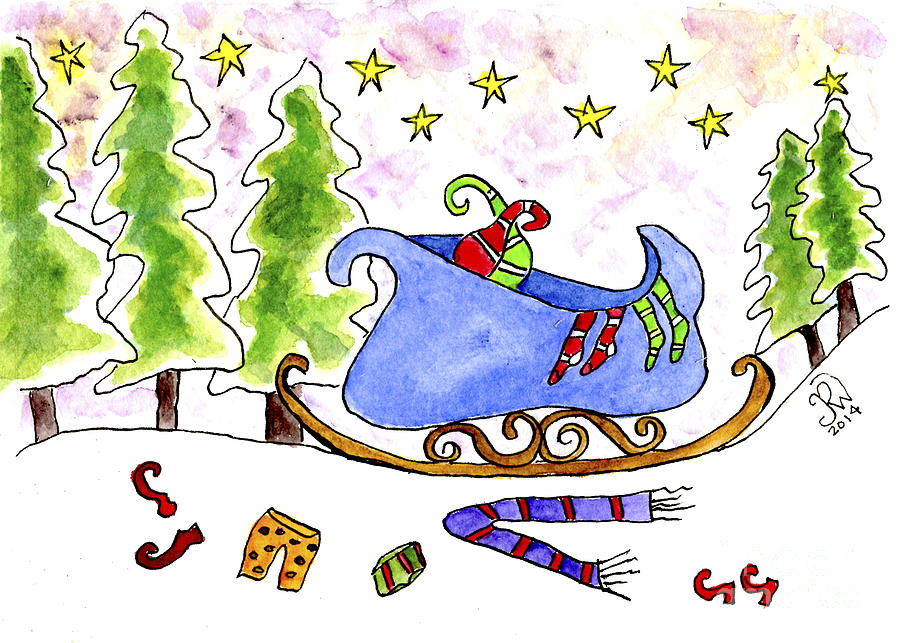 Elf mischief in a winter sleigh Painting by Paula Joy Welter