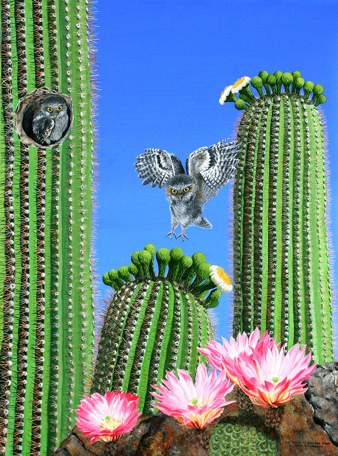 Elf Owls of Saguaro Desert Painting by Wilfrido Limvalencia