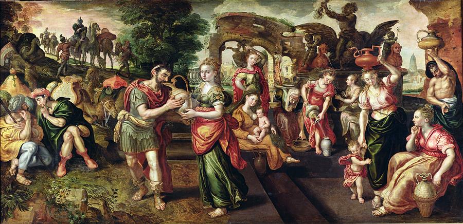 Jar Photograph - Eliezer And Rebecca At The Well, 1562 Oil On Panel by Maarten de Vos