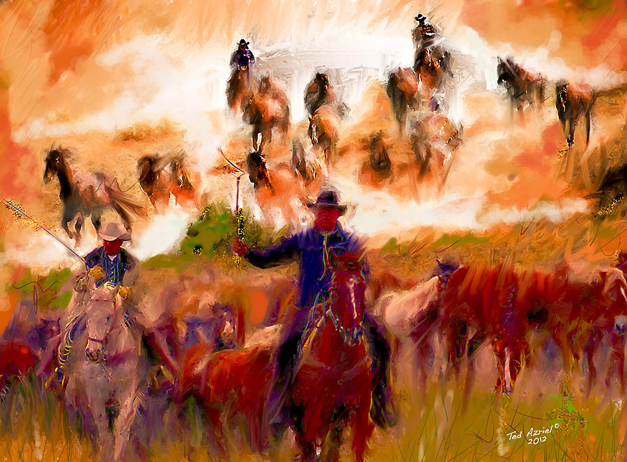 Horse Painting - Elk Horse Round Up by Ted Azriel