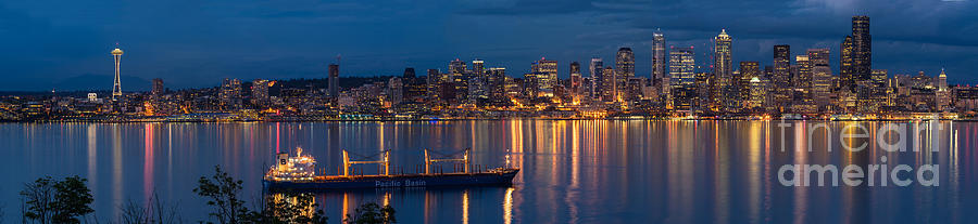 Elliott Bay Seattle Skyline Night Reflections Photograph