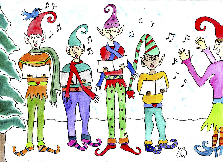 Elves singing Holiday Harmony Painting by Paula Joy Welter