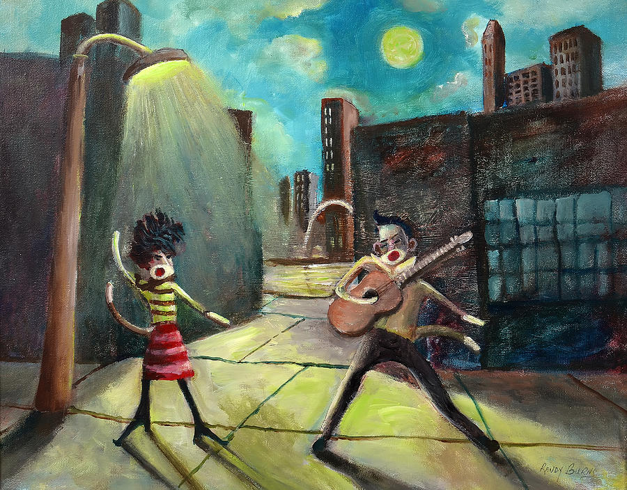 Elvis and Phyllis Diller Meet In St. Louis On A Moonlit Night As Sock Monkeys Painting by Rand Burns