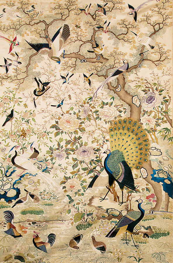 Peacock Painting - Embroidered panel with a pair of peacocks and numerous other birds by Chinese School
