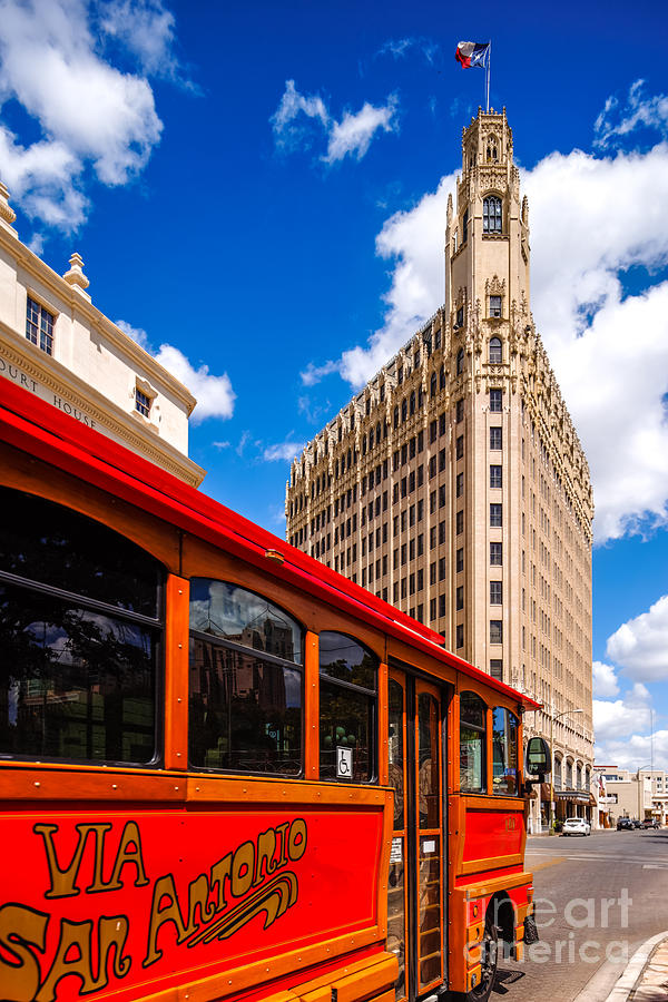 San Antonio Photograph - Emily Morgan Hotel and Red Streetcar - San Antonio Texas by Silvio Ligutti