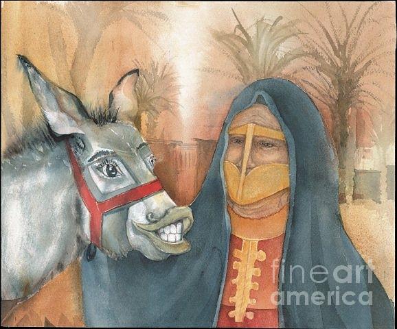Emirati women and donkey Painting by Donna Acheson-Juillet
