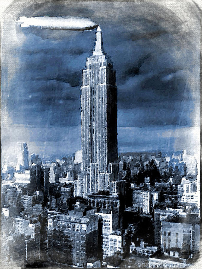 Empire State Building Blimp Docking Blue Painting