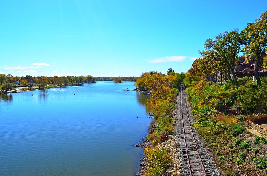 Empty Train Tracks of Rockford on the Rock River with Fall Colors Photograph by Jeff at JSJ Photography