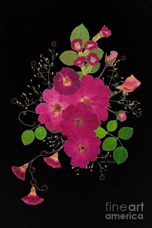 Enchanted Garden Pressed Flower Roses - Night Digital Art by Kathie McCurdy