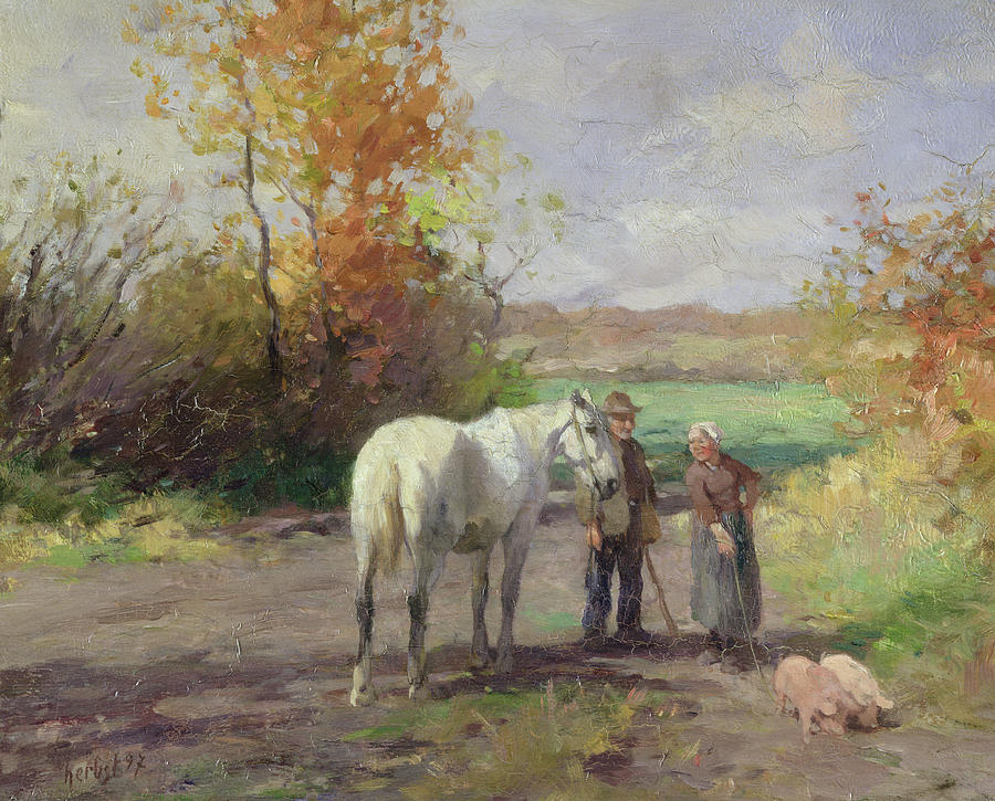 Pig Photograph - Encounter On The Way To The Field, 1897 Oil On Panel by Thomas Ludwig Herbst