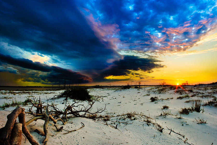 Encroaching Storm Landscape-Blue Clouds Sunset Beach Photograph by Eszra