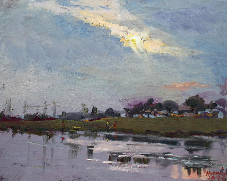 Sunset Painting - End of Day by Elmers Pond by Ylli Haruni