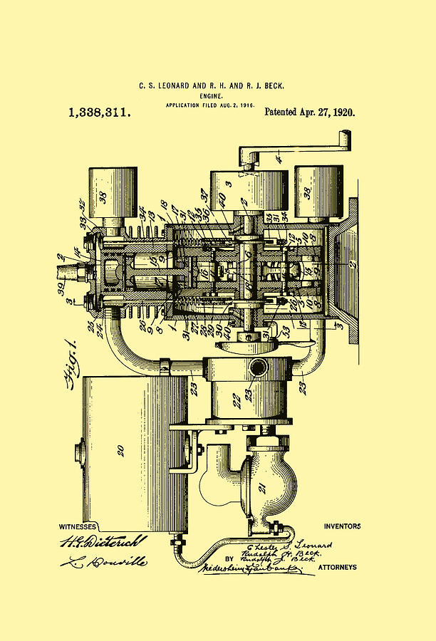 Engine Patent 1920 Drawing by Mountain Dreams