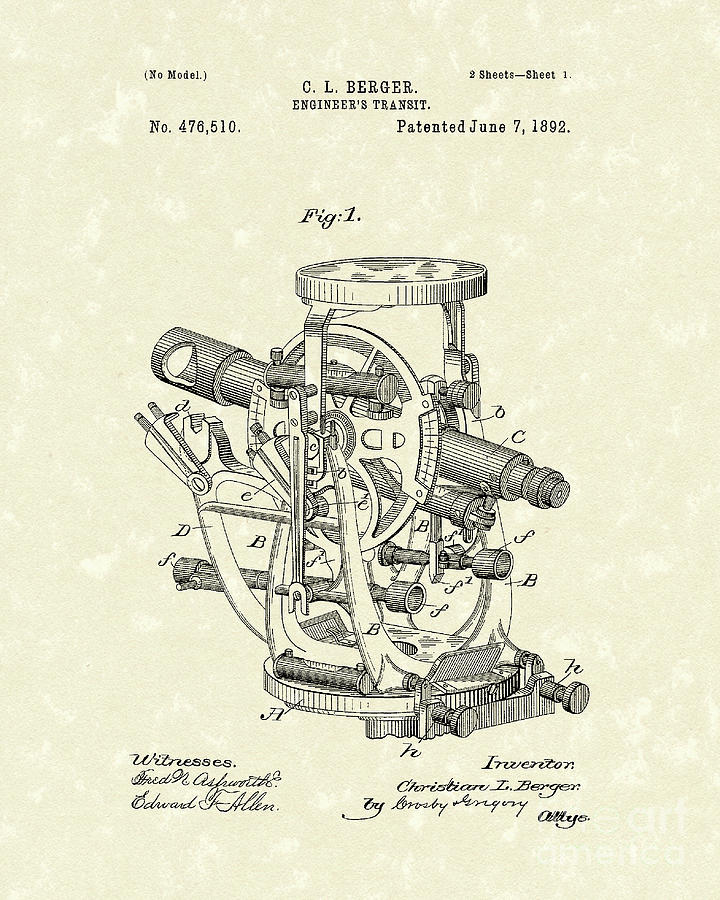 Berger Drawing - Engineers Transit 1892 Patent Art by Prior Art Design