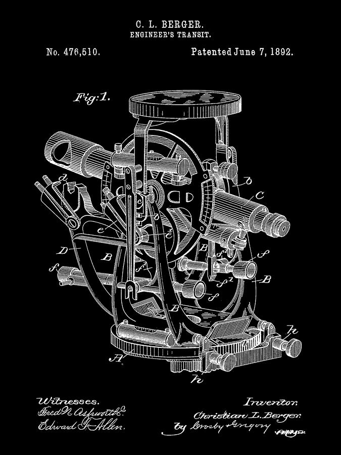 Engineers Transit Patent 1892 - Black Digital Art by Stephen Younts