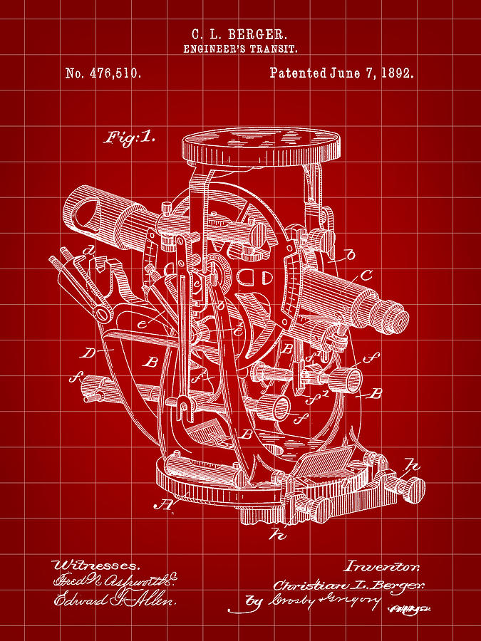 Engineers Transit Patent 1892 - Red Digital Art by Stephen Younts