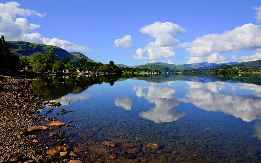 English Countryside Lake District Ullswater With Mountains And Blue Sky