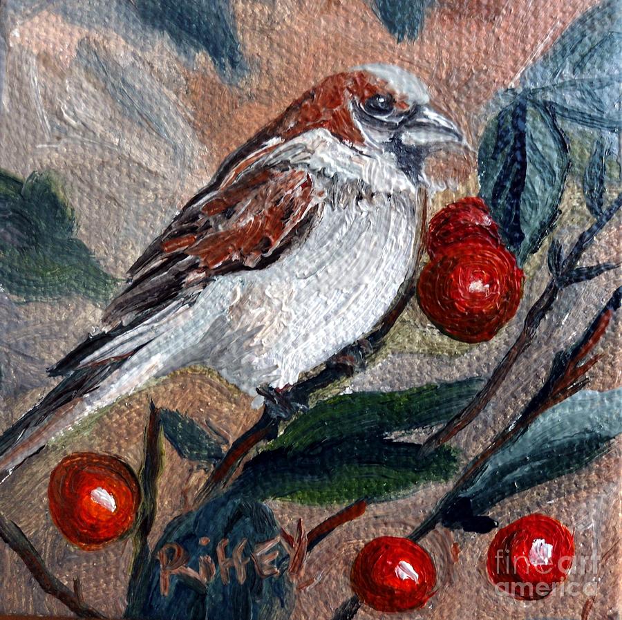 English House Sparrow in the Berries Painting by Julie Brugh Riffey
