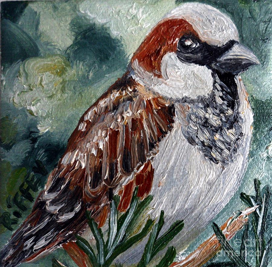 English House Sparrow Stare II Painting by Julie Brugh Riffey