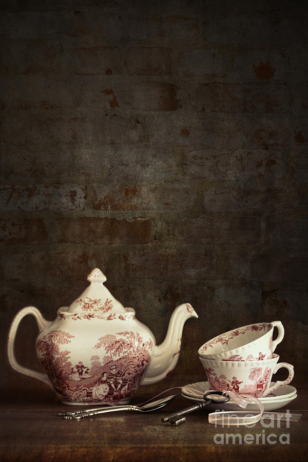 Cup Photograph - English tea cups and tea pot on shelf  by Sandra Cunningham