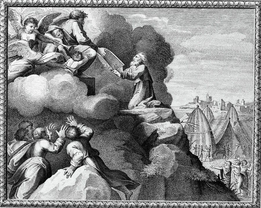 Black And White Painting - Engraving Of Moses Receiving The Ten by Vintage Images