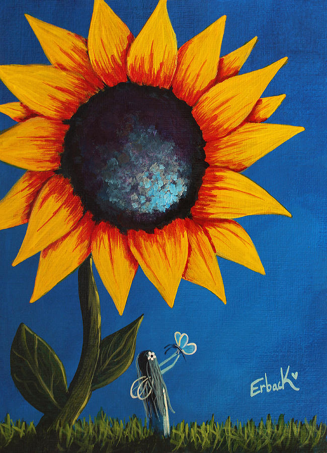 Sunflower Painting - Enjoying Her Garden - Original Fairy Painting by Moonlight Art Parlour