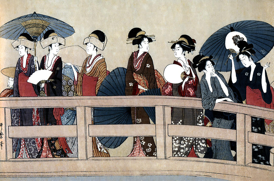 Utamaro Kitagawa Painting - Enjoying the Cool at the Ryogoku Bridge II by Chris  Kusik
