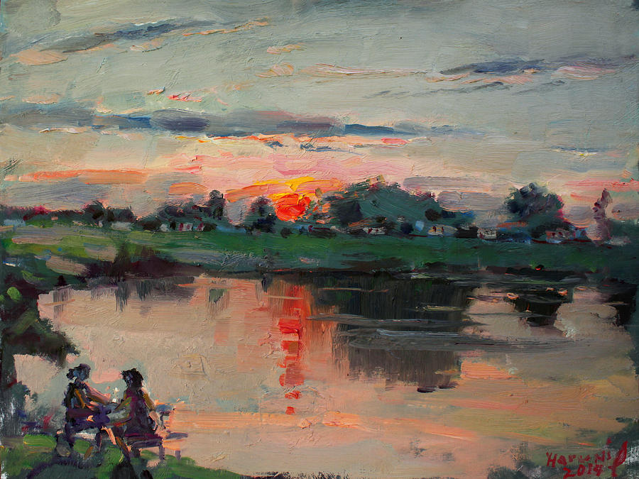 Sunset Painting - Enjoying the Sunset by Elmers Pond by Ylli Haruni