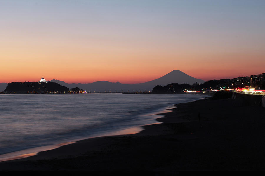 Enoshima Island And Mount Fuji At Dusk Photograph by Tetsuya Aoki