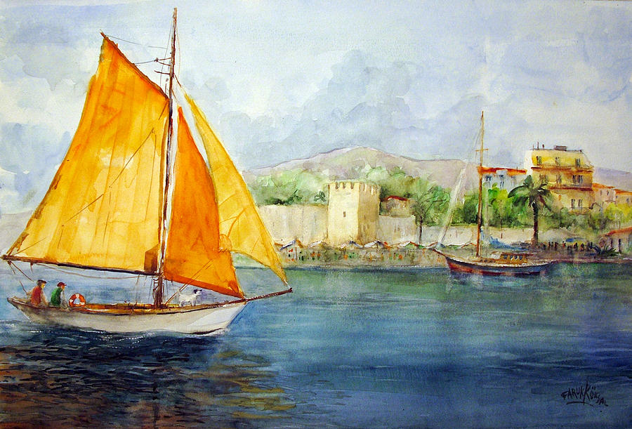 Entering the Port - Foca Izmir Painting by Faruk Koksal