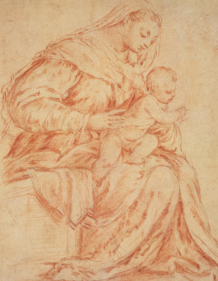 Enthroned Madonna and Child Pastel by Jacopo Bassano