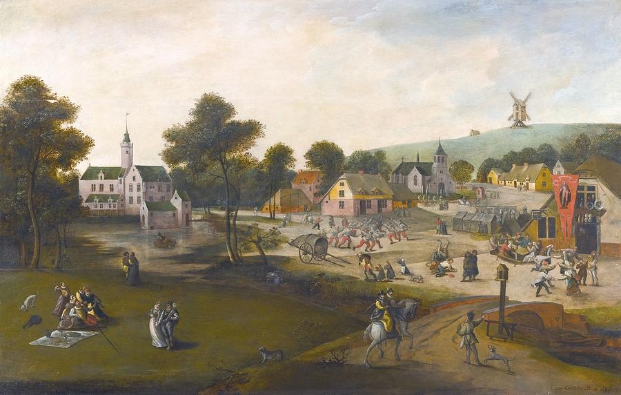 Jacob Grimmer Painting - Entrance To A Village With Peasants Carousing by Celestial Images
