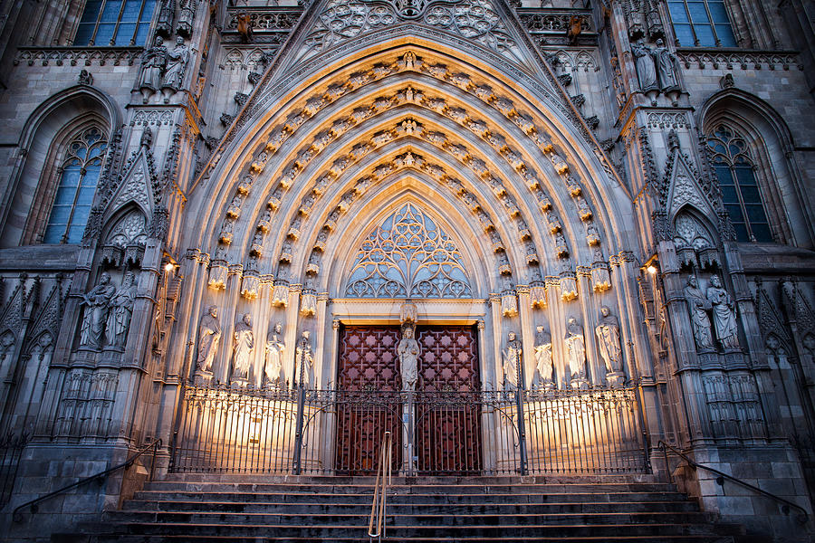 Entrance to the Barcelona Cathedral at Night Photograph by Artur Bogacki