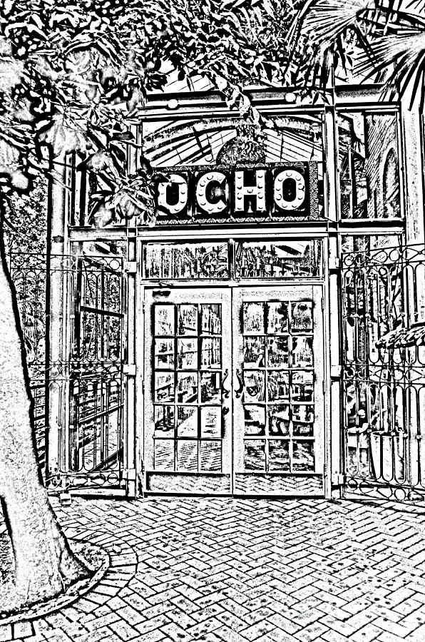 Entrance to Trendy OCHO Restaurant in San Antonio Texas Black and White Digital Art Digital Art by Shawn OBrien