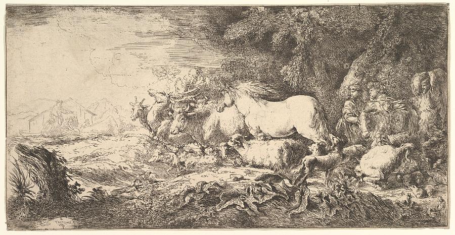 Castiglione Drawing - Entry Of The Animals Into Noahs Ark by Giovanni Benedetto Castiglione