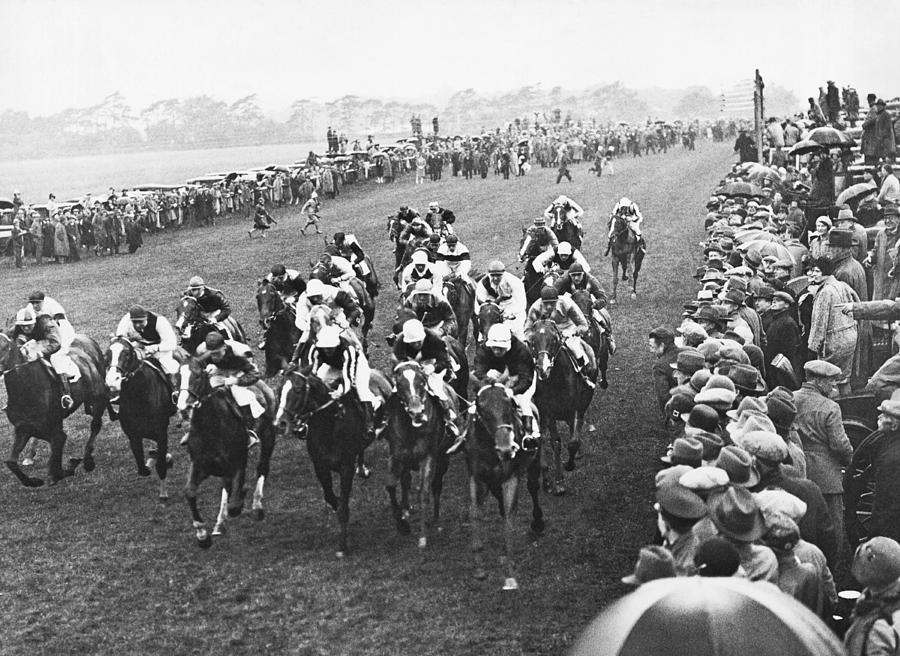 Black And White Photograph - Epsom Derby Race by Underwood Archives