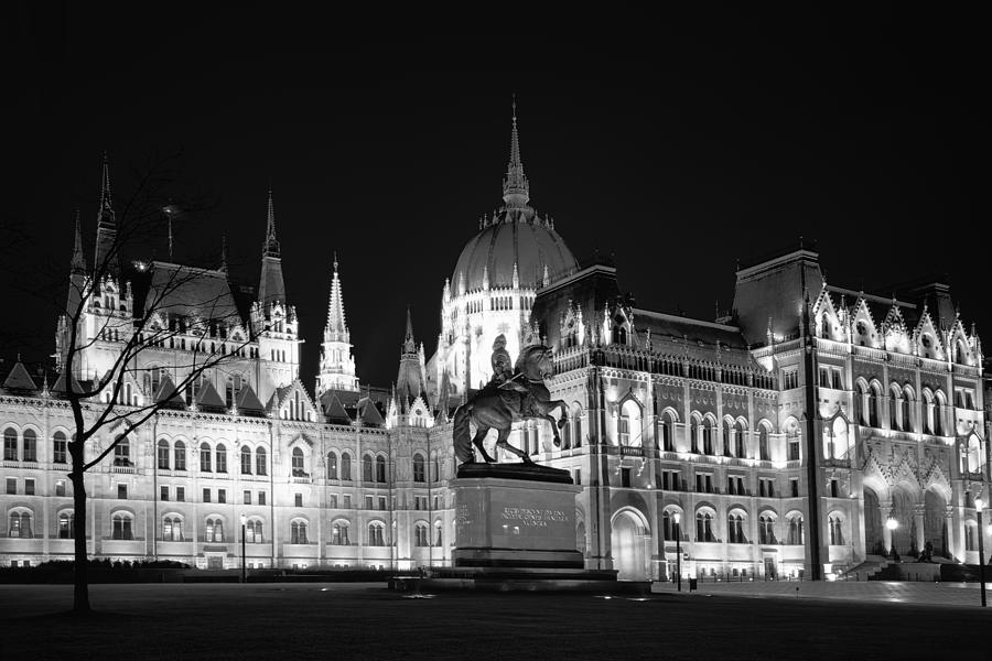 Equestrian Statue and Hungarian Parliament BW Photograph by Joan Carroll
