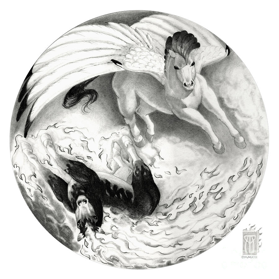 Pegasus Drawing - Equine Yin/Yang by Melissa A Benson