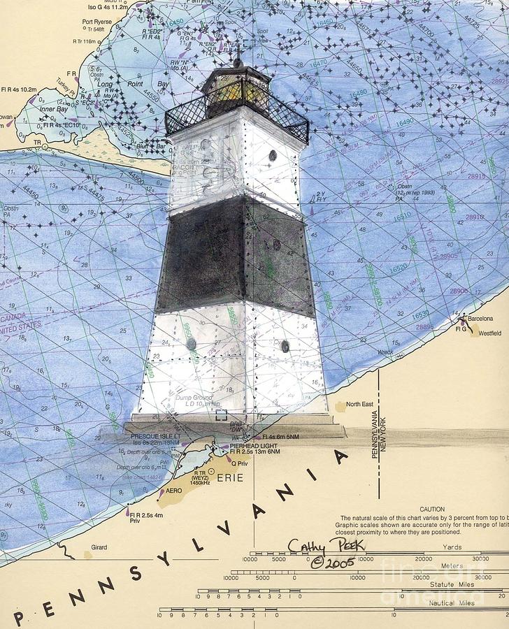 Lighthouse Painting - Erie Harbor Lighthouse PA Nautical Chart Map Art Cathy Peek by Cathy Peek