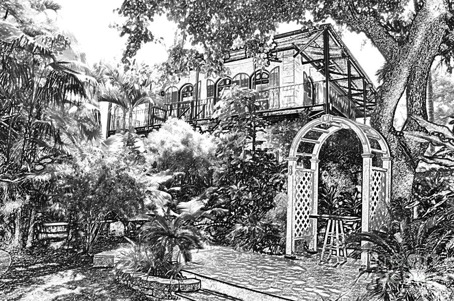Ernest Hemingway House and Lush Gardens Key West Florida BW Colored Pencil Digital Art Digital Art by Shawn OBrien
