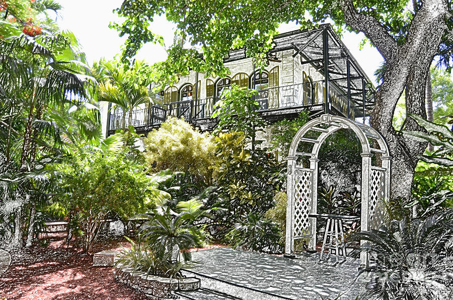 Ernest Hemingway House and Lush Gardens Key West Florida Colored Pencil Digital Art Digital Art by Shawn OBrien