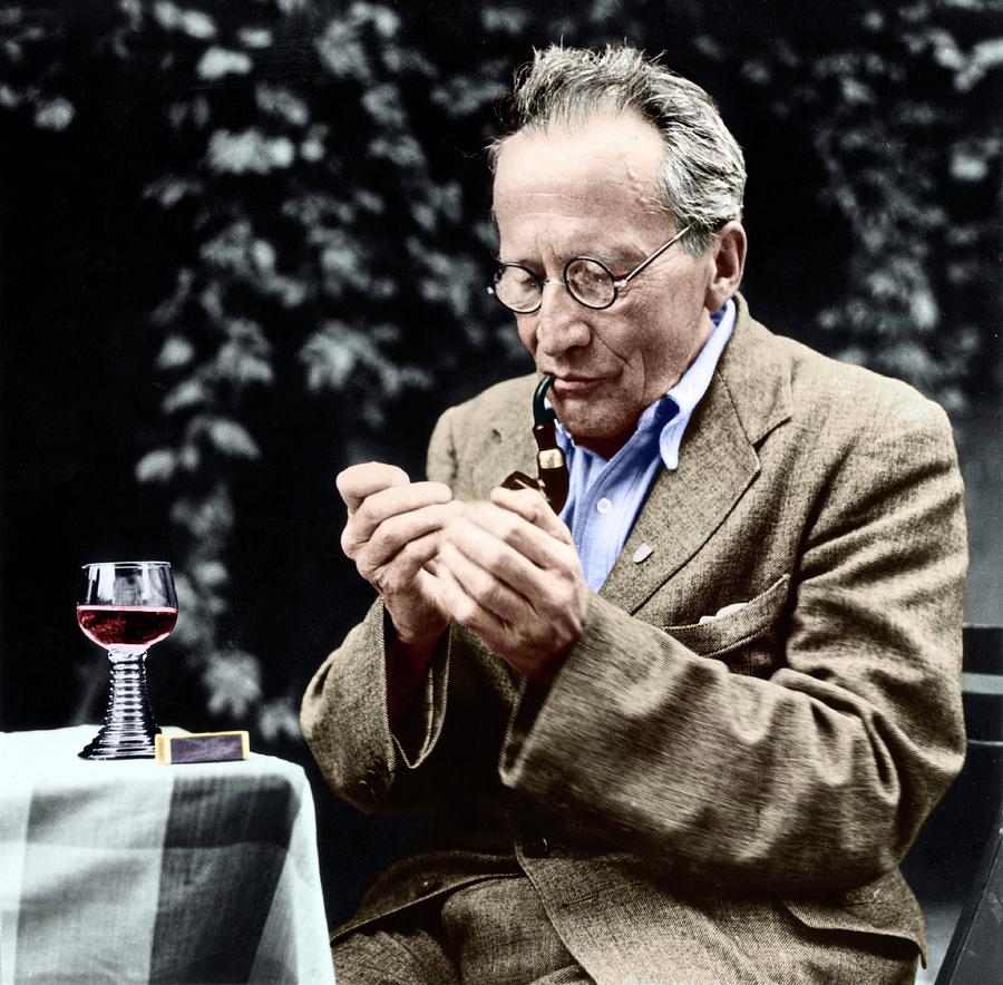 Portrait Photograph - Erwin Schrodinger by Photograph By Wolfgang Pfaundler, Copyright Status Unknown. Coloured By Science Photo Library, Courtesy Of Emilio Segre Visual Archives, American Institute Of Physics