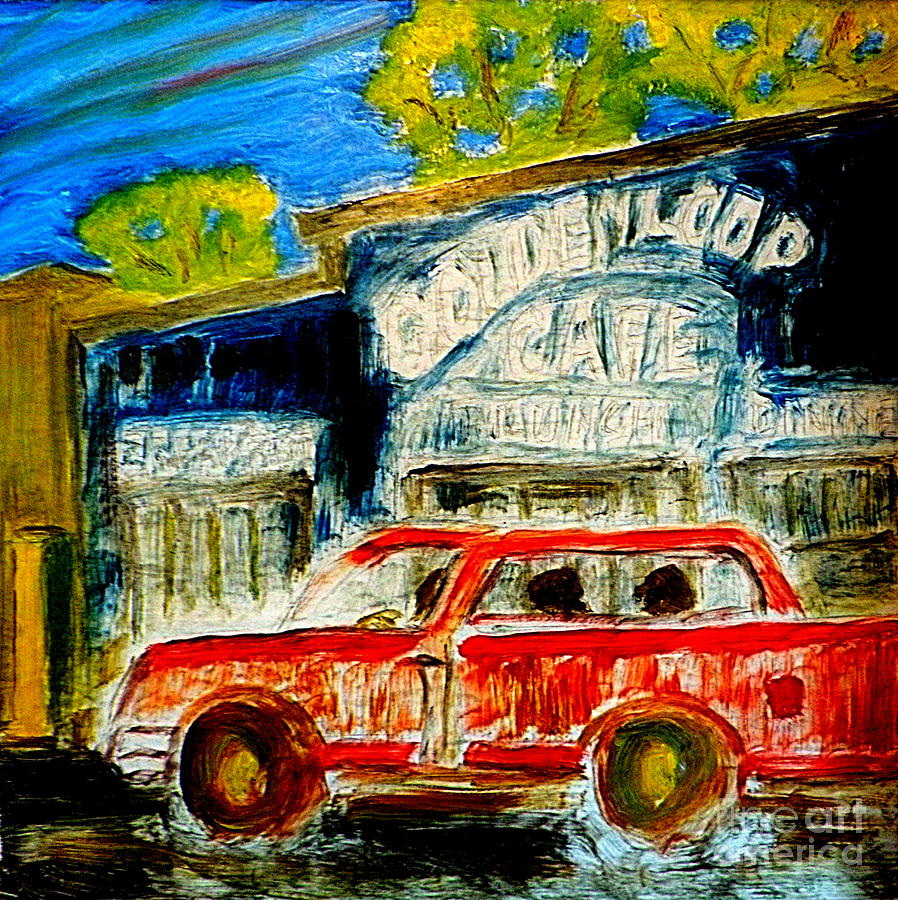 Escalante Utah Golden Loop Cafe and Red Pickup 1 Painting by Richard W Linford