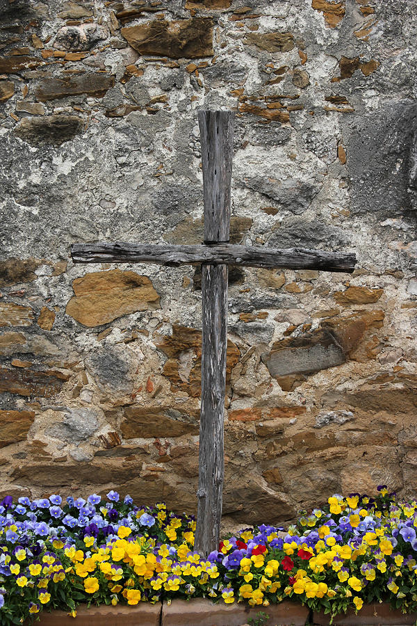 Espada Cross with Pansies Photograph by Mary Bedy