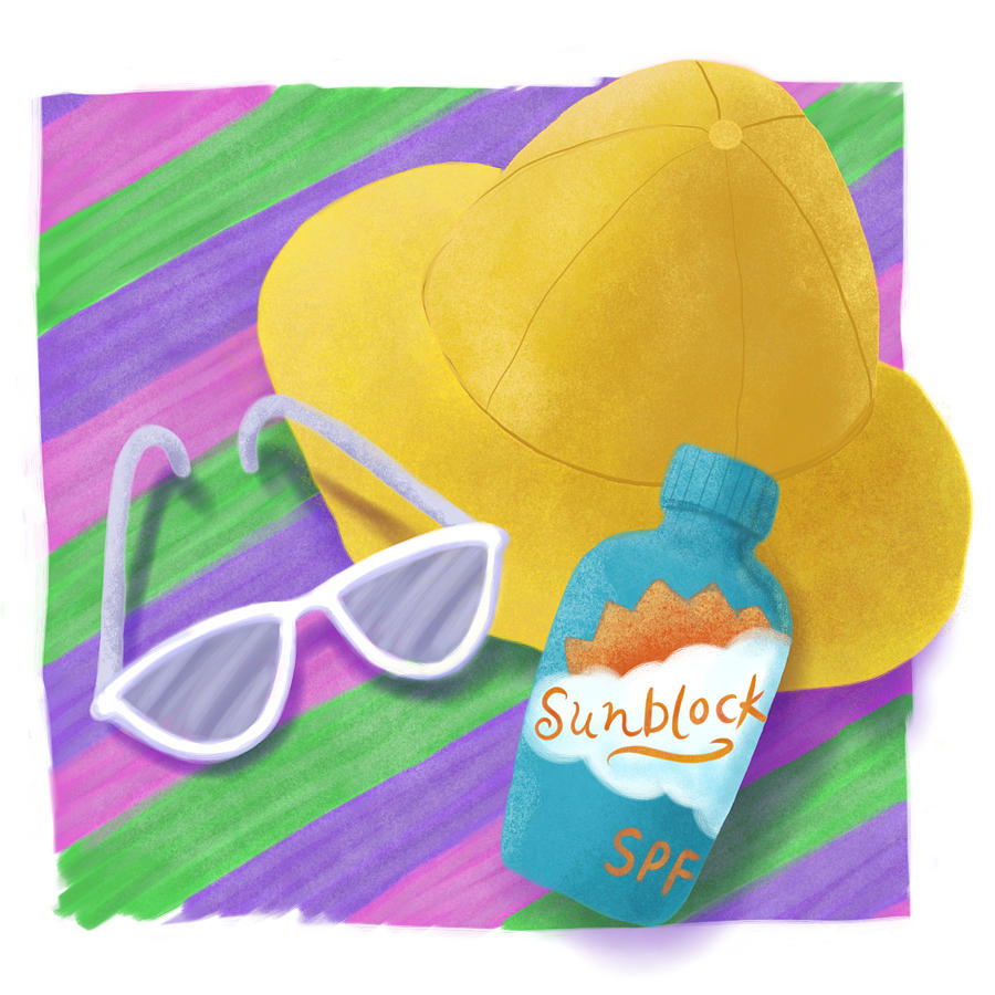 Essential accessories for a day at the beach - hat, sunglasses, and sunblock Drawing by Laura Bolter