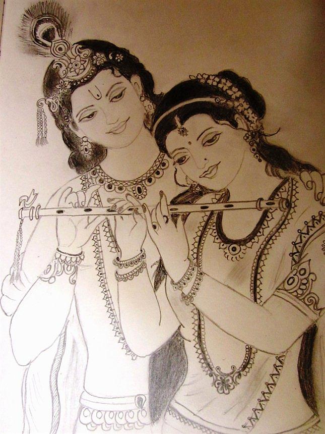Happy Janmashtami festival holiday - Lord Krishna playing bansuri (flute)  with Radha rani, Hand Drawn Sketch colorful Vector illustration. Stock  Vector | Adobe Stock