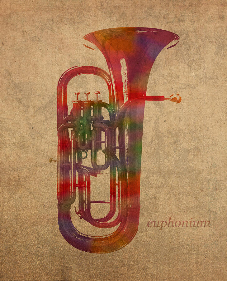 Music Mixed Media - Euphonium Brass Instrument Watercolor Portrait on Worn Canvas by Design Turnpike