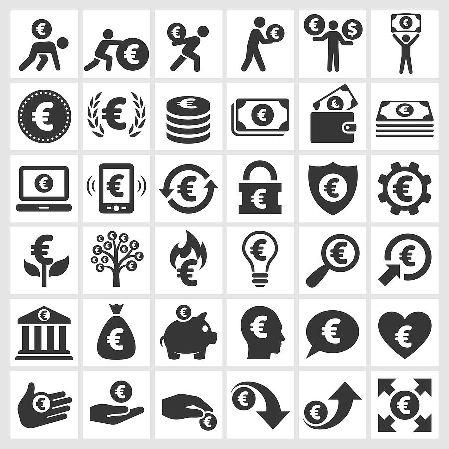 Euro Finance & Money black and white vector icon set Drawing by Bubaone